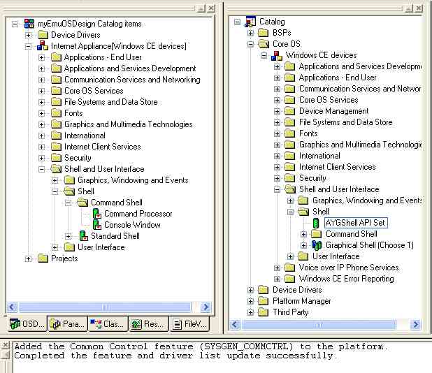Screenshot des OSDesign-View (links) und des Feature-Catalog (rechts) des PlatformBuilders Windows CE 5